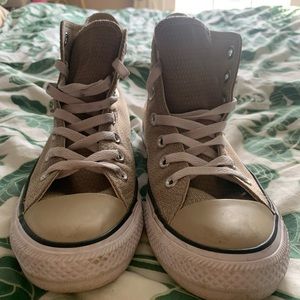 Women’s size 7 tan Converse textured high tops, worn only once.